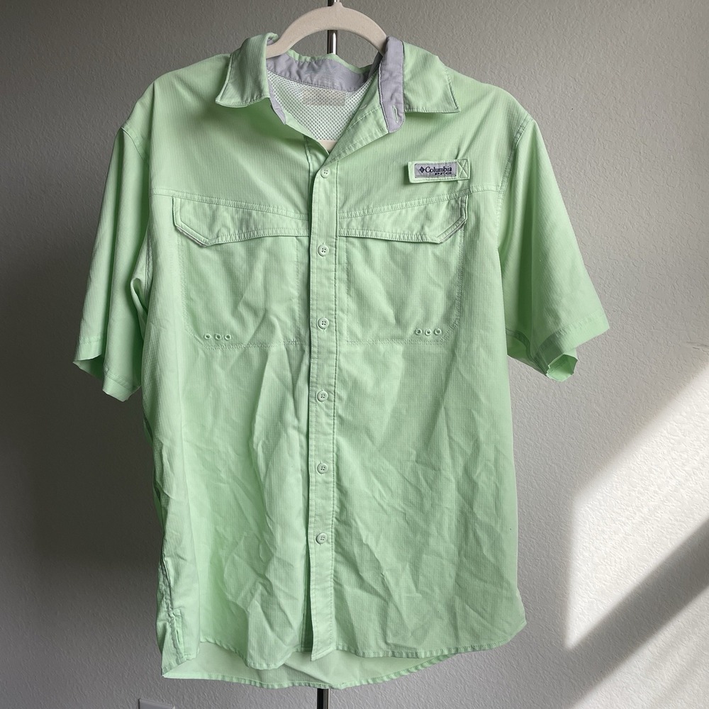 Columbia PFG Omni Shade Shirt Green Short Sleeve Hiking Fishing Utility Travel S